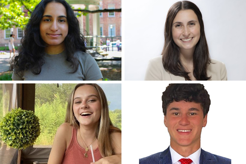 Four-photo collage with portraits of OUR student ambassadors: Clara DiVencenzo (top left), Rashmi Ramanujam (top right), John Boniberger (bottom left) and Kendra Honey (bottom right).